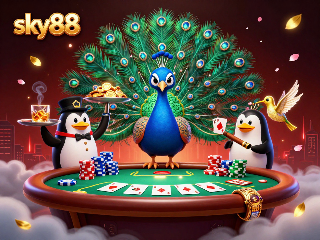 Experience exciting gambling action at sky88 with vibrant characters and game elements surrounding a poker table.