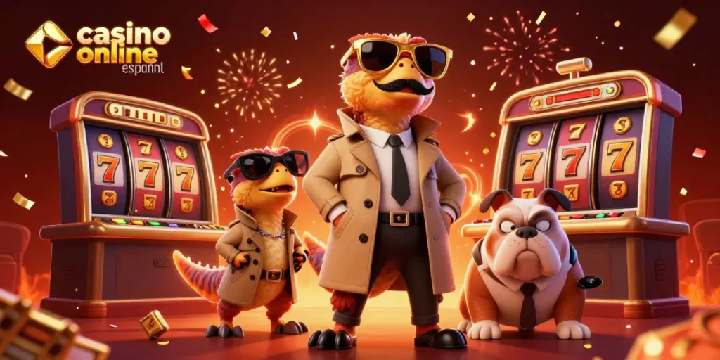 Imágenes de tres raptores disfrazados en un casino online español, jugando y buscando ganar.