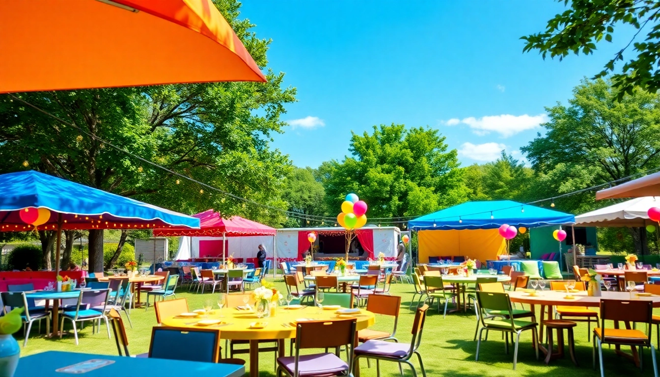 Vibrantly decorated outdoor party rentals with bright canopies and seating options for a festive gathering.