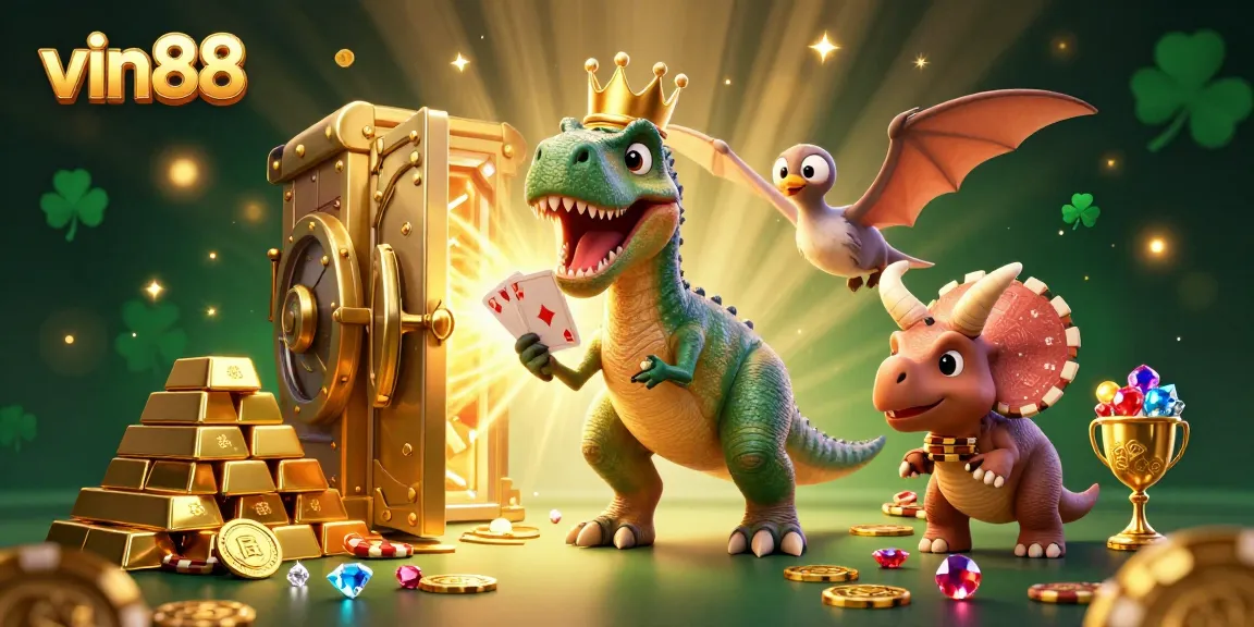 Stacking golden chips and shuffling cards at vin88 with friendly dinosaur characters in a vibrant casino.