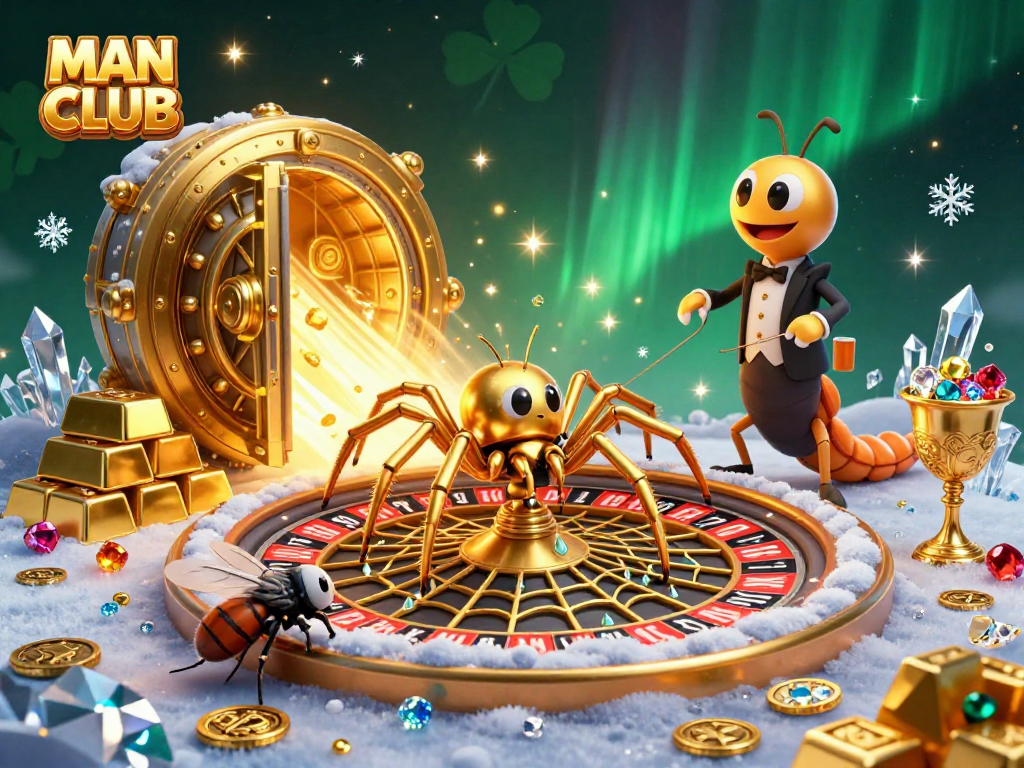 Experience the thrill of the MAN CLUB with a golden spider web roulette themed digital illustration.