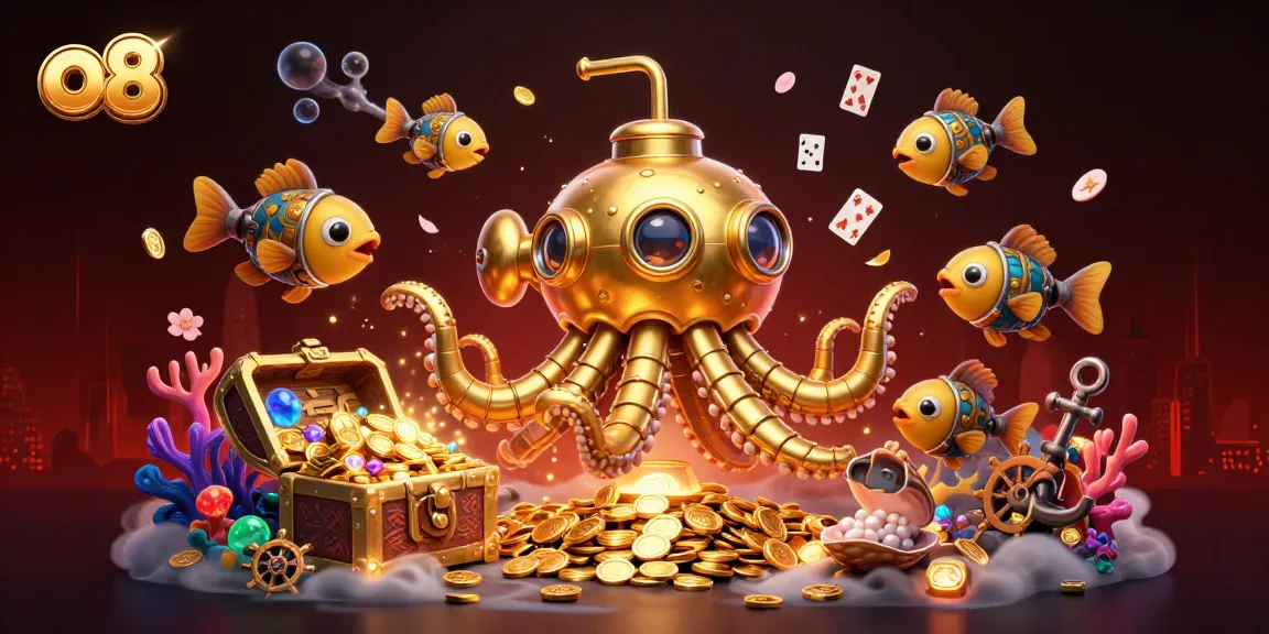 Immerse in the vibrant world of o8 with a golden kraken submarine delivering excitement and treasure.