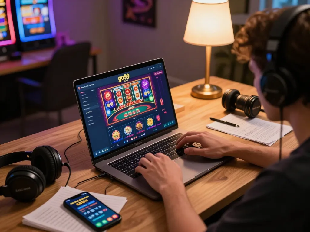 Player engaging deeply with go99 online casino app on a laptop, showcasing vibrant gaming interface.