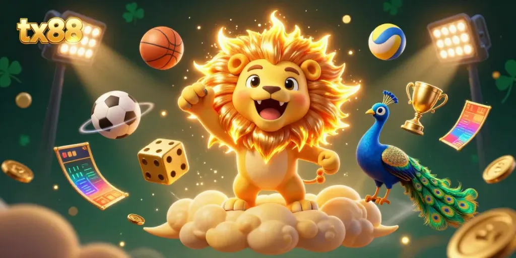 Experience the excitement of tx88 with a vibrant 3D illustration of a roaring sun lion, golden dice, and dynamic sports elements.