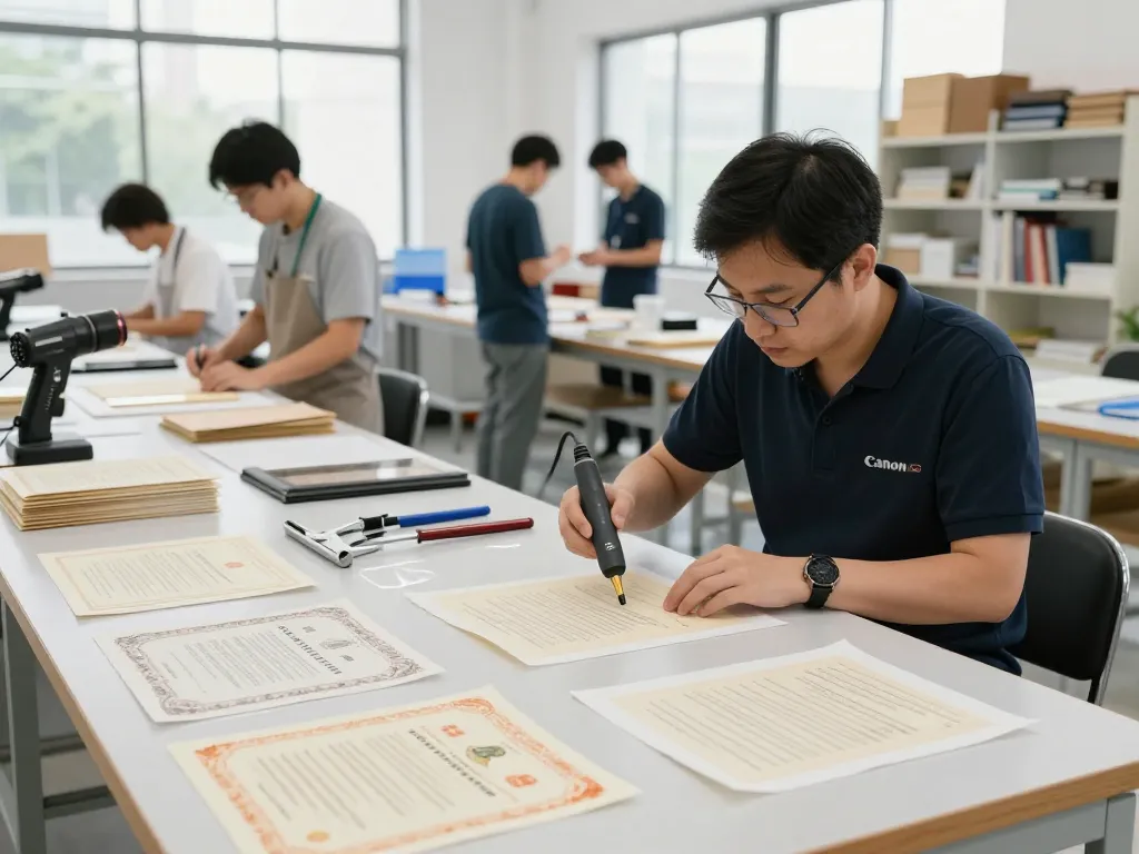 Expert technician performing bóc ép plastic hà nội in a bright workshop environment, showcasing document preservation techniques.