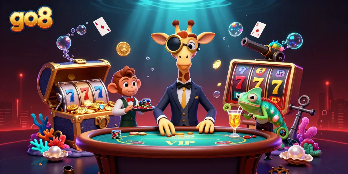 Experience go8's gaming world as a high-roller giraffe enjoys poker amidst vibrant casino elements.