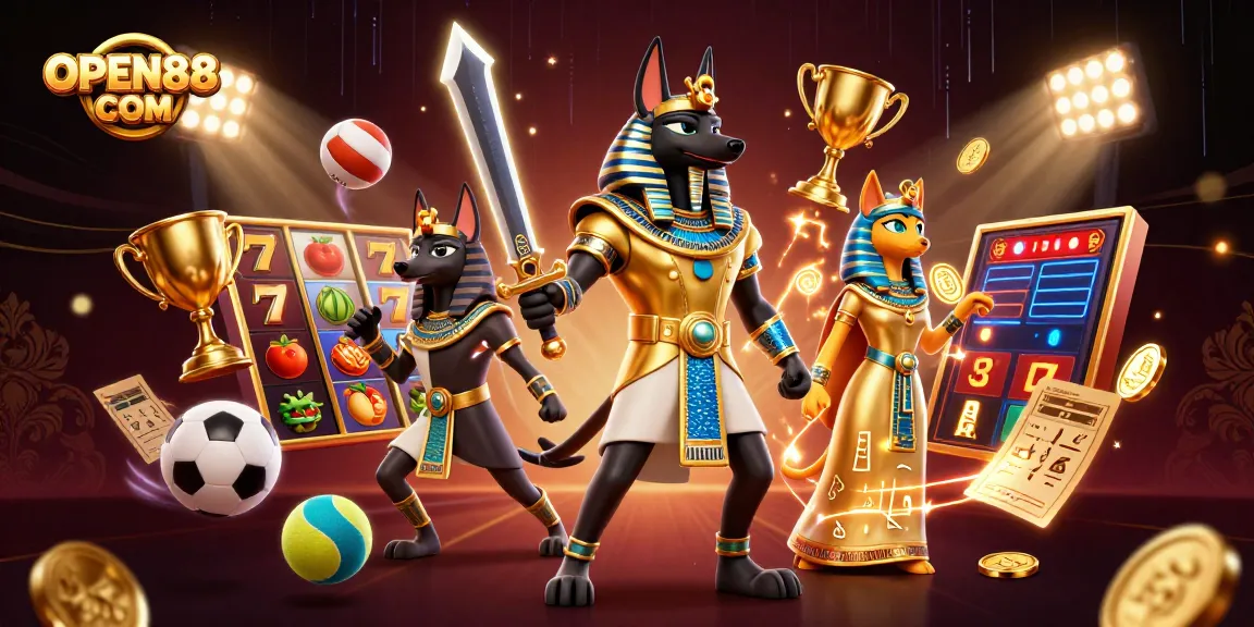Win big with OPEN88 COM in this vibrant casino scene featuring ancient Egyptian warriors and dynamic game elements.