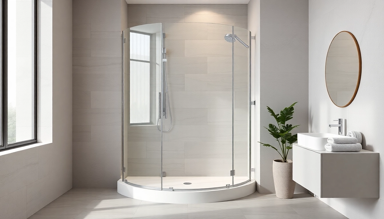 Showcasing a corner shower screen frameless in a stylish bathroom with natural elements and serene lighting.