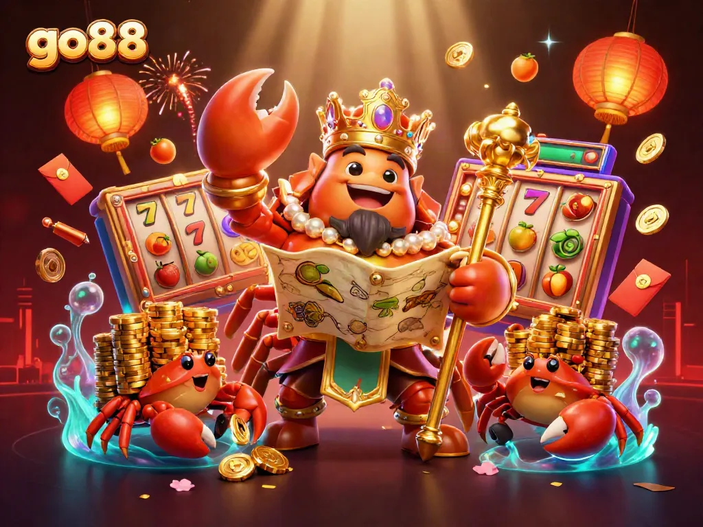 Engage with the go88 casino experience featuring a golden crab emperor amidst slot reels and festive decor.