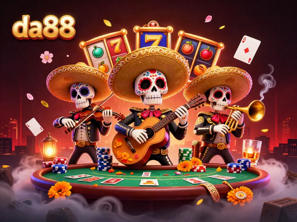 Experience thrilling gameplay at da88 with colorful skeletons, slot machines, and vibrant casino elements