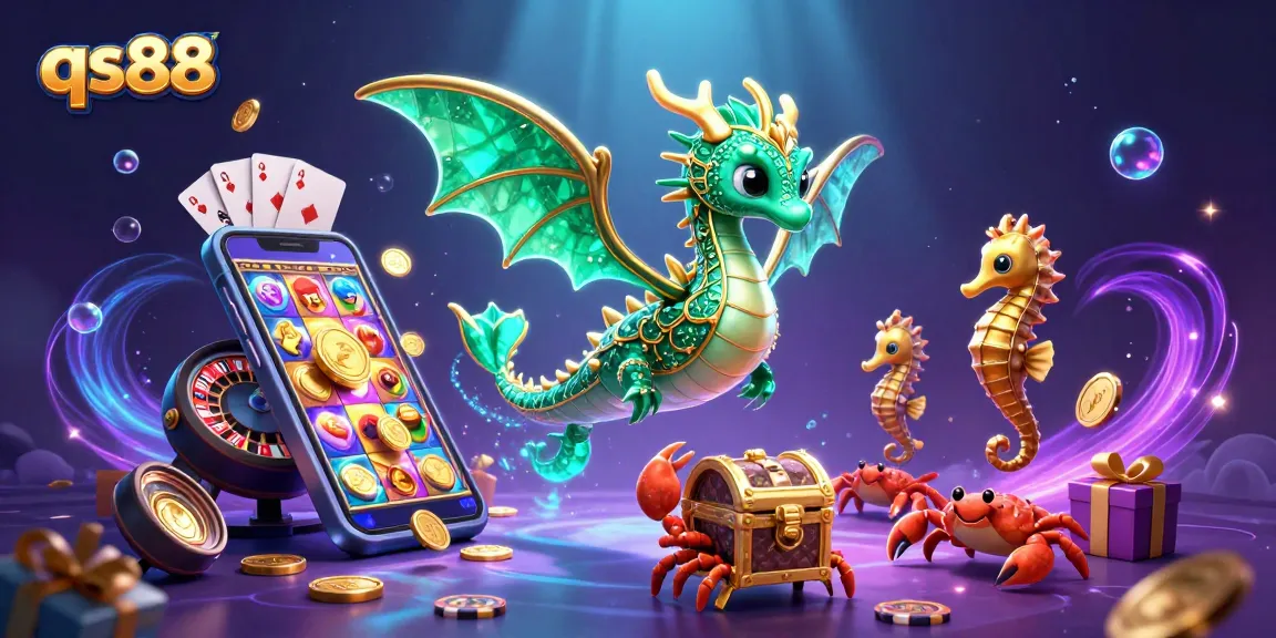 Engage with qs88 gaming experience featuring majestic sea dragon, vibrant slot games, and casino elements.