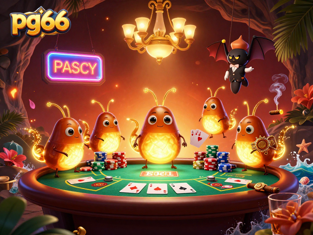 Experience the thrill of pg66 casino magic with card games and glowing creatures illuminating the scene.