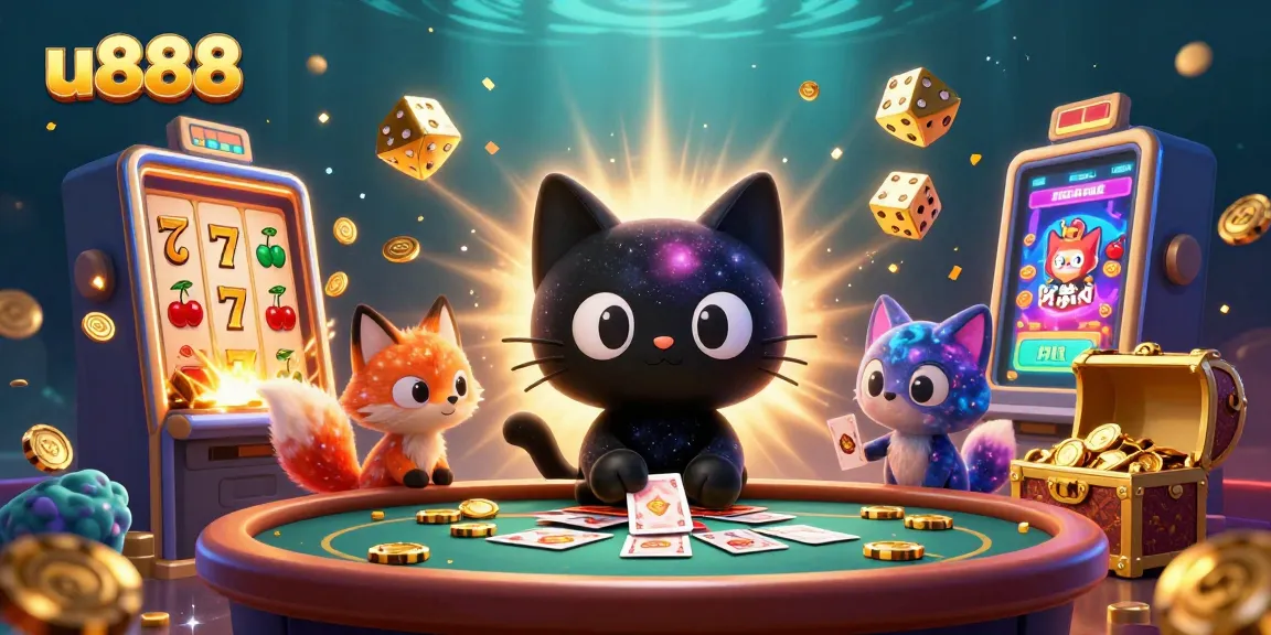 Engage with u888's vibrant cosmic casino scene featuring a black hole cat and nebula fox amidst flying slot symbols.