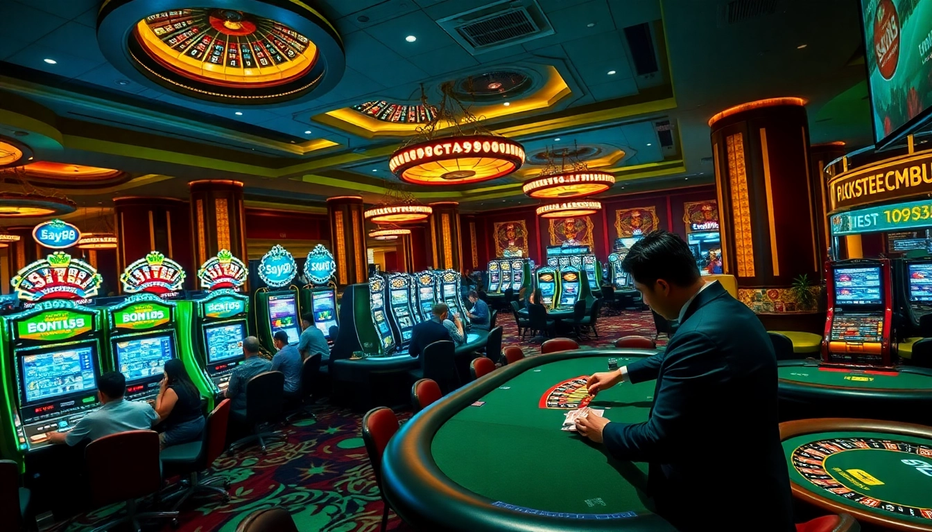 Players enjoying high-stakes games at SAY88 casino, celebrating wins with vibrant atmosphere.