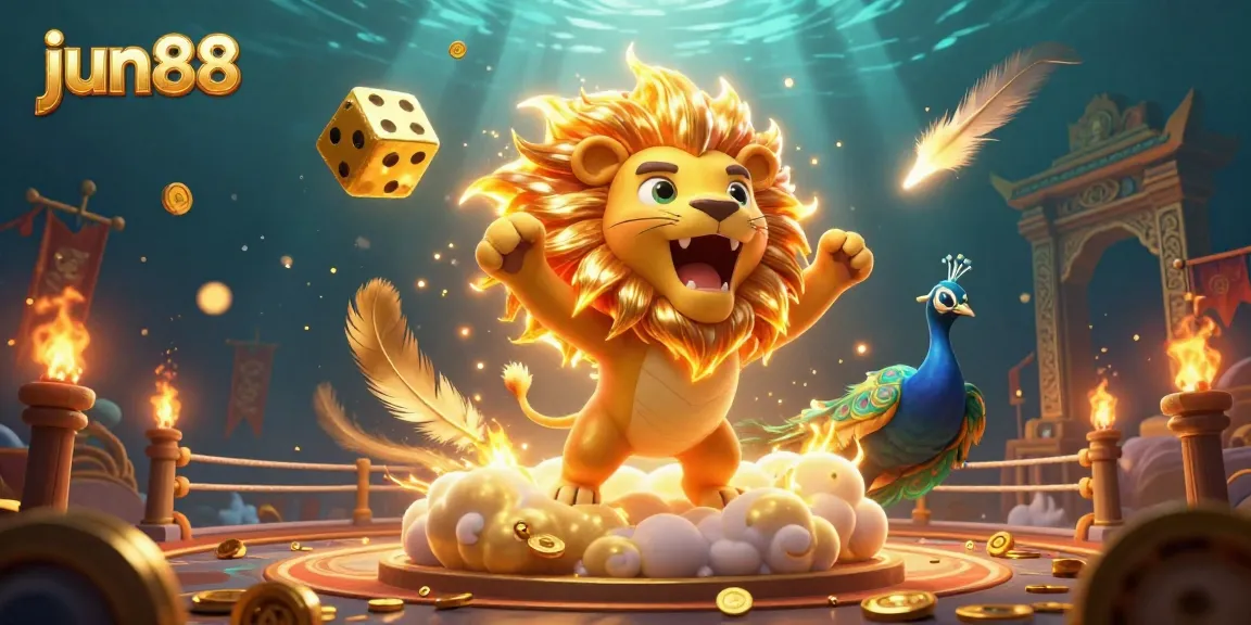 Bet instantly with jun88's stunning visuals of gaming experience featuring a roaring lion and golden dice.