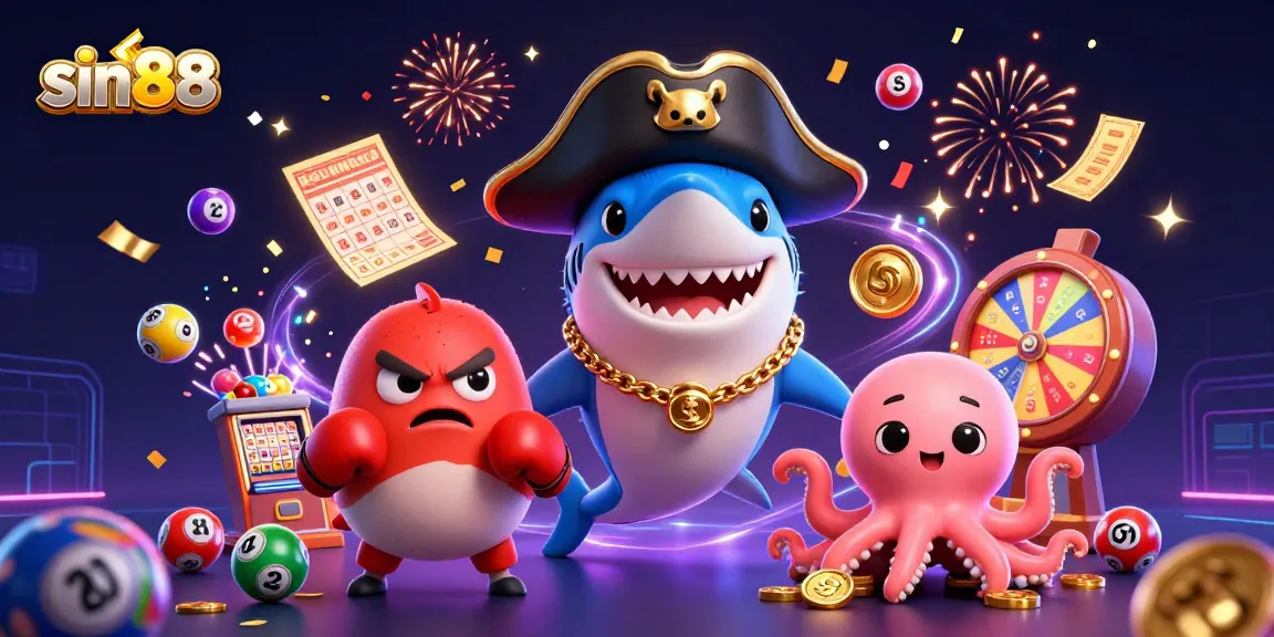 Experience thrilling gaming with sin88 in a vibrant 3D casino scene filled with colorful lottery elements and characters.