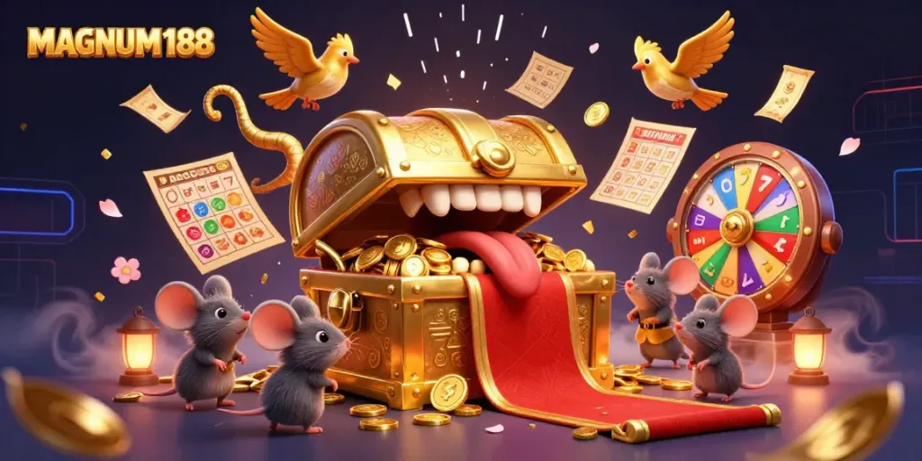 Spin to win with MAGNUM188, showcasing vibrant slot reels and golden treasures in a dynamic 3D scene.