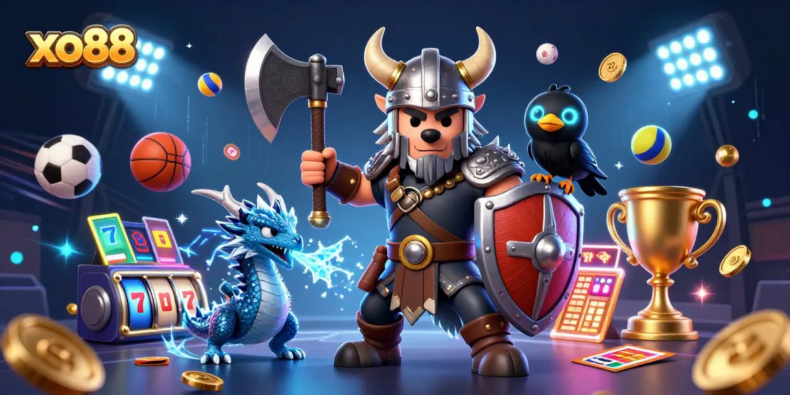 Engage with xo88's immersive 3D casino illustration featuring a Viking warrior and dynamic gaming elements.