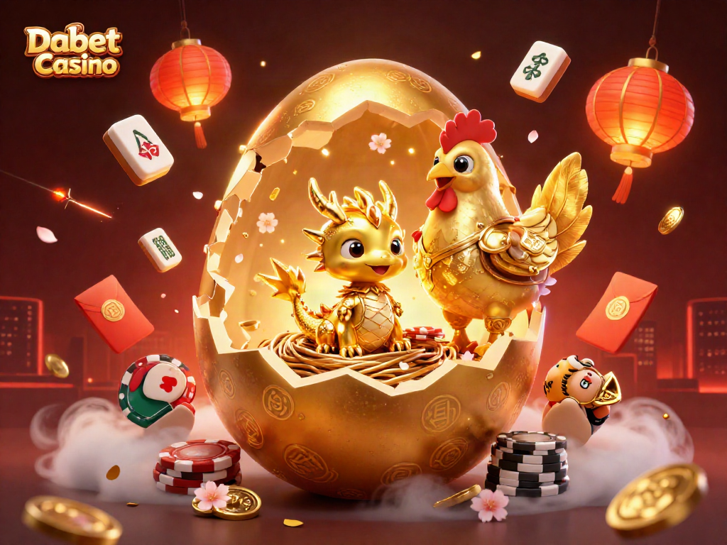 Dabet Casino features a golden dragon and poker chips in a vibrant 3D illustration filled with casino elements.