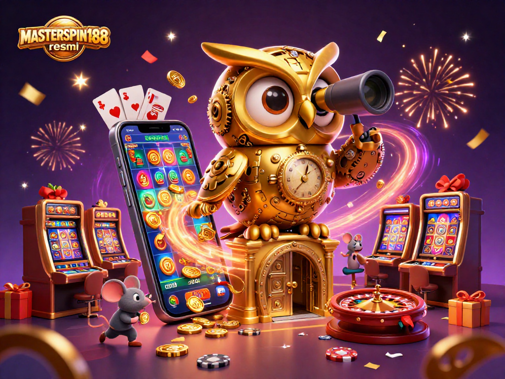 Experience excitement with MASTERSPIN188 resmi as a golden clockwork owl surveys a bustling casino.