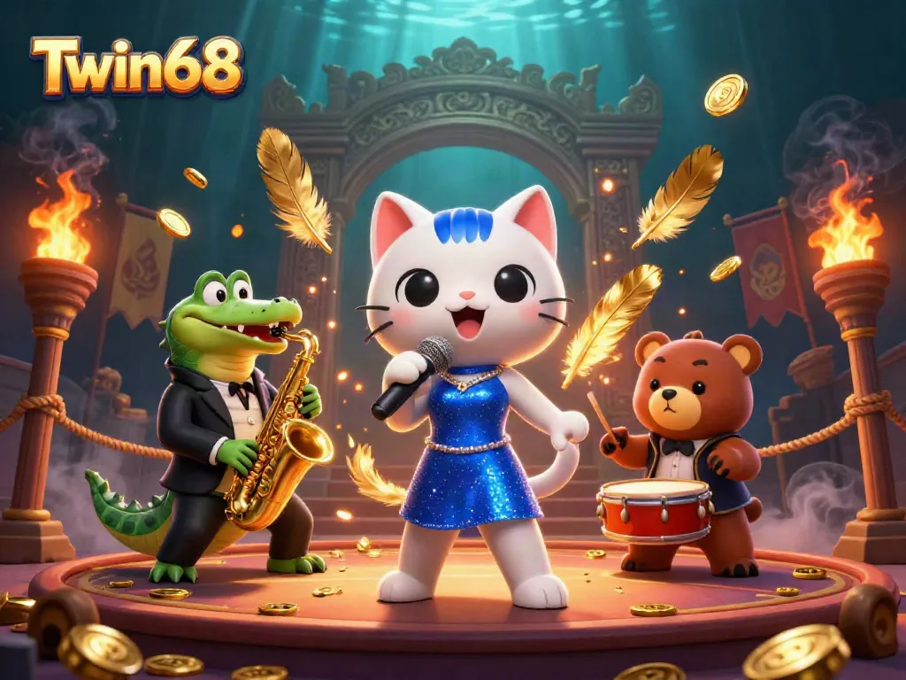 Engage with thrilling gameplay at Twin68, showcased by vibrant 3D characters in a lively casino scene.