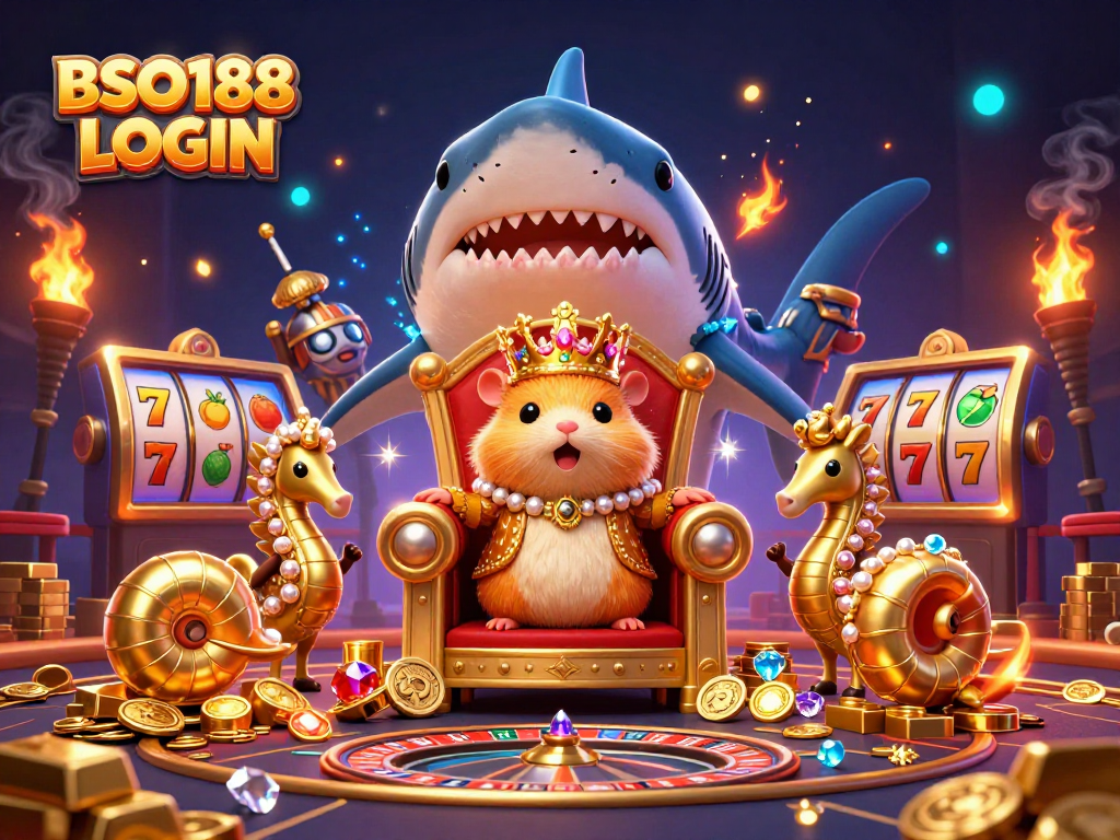Engage in thrilling gameplay with BSO188 LOGIN in this colorful casino scene featuring a hamster king and gambling elements.