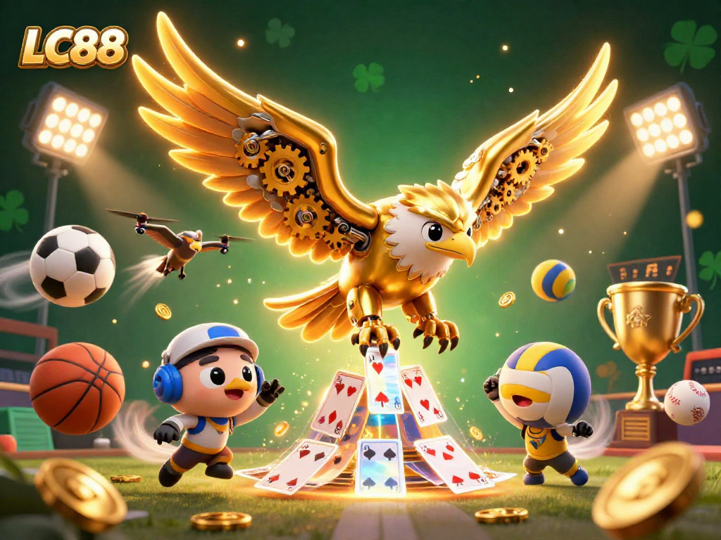 LC88 engages players with an energetic scene featuring a golden eagle and dynamic sports elements.