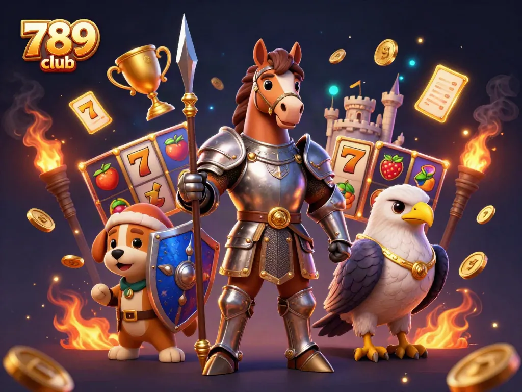 The 789 club scene showcases a knight, puppy, and falcon immersed in vibrant slots adventure.