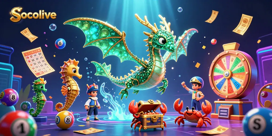 Socolive captures excitement with colorful lottery balls and a treasure-laden sea dragon illustration.