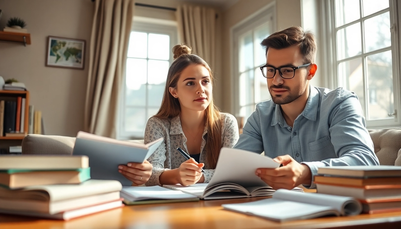 TOEFL test takers for hire collaborating in a cozy study atmosphere with books and a laptop.