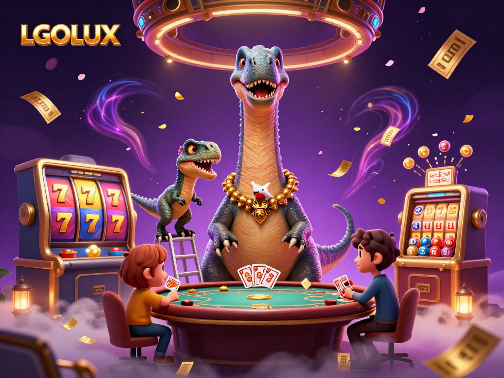Experience the thrilling world of LGOLUX as a giant dinosaur oversees a vibrant casino scene.