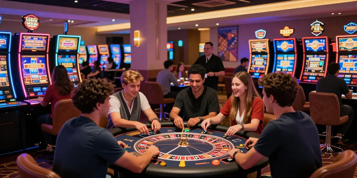 Exciting KO66 casino scene with players at slot machines and roulette table, showcasing vibrant gaming atmosphere.