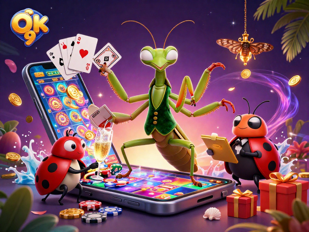 Engage in thrilling gameplay at O K 9 with a vibrant 3D scene featuring a mantis dealer and game elements.