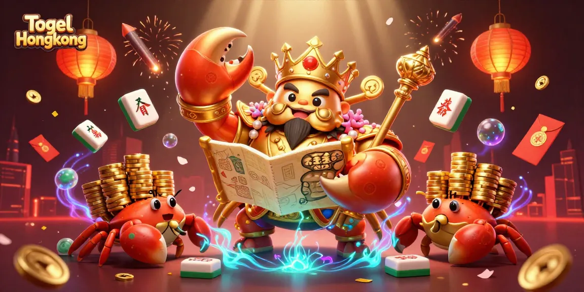 Togel Hongkong showcases a vibrant 3D cartoon scene with a golden crab emperor and gambling elements, invoking excitement.