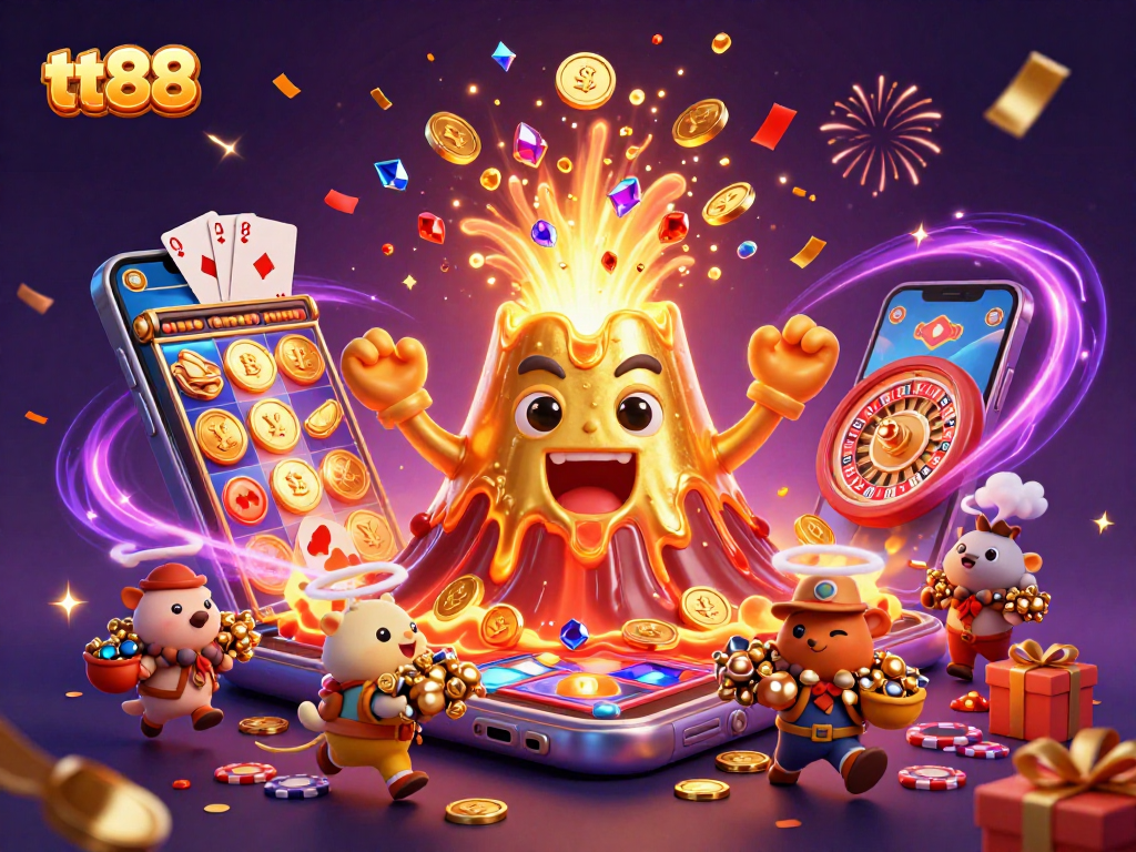 Experience the thrill of tt88 casino with a 3D golden volcano erupting coins and treasure!