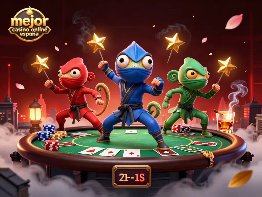Un equipo de camaleones ninja en un rooftop, jugando en el mejor casino online España.