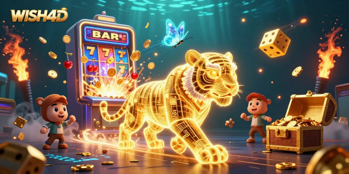 Experience the vibrant WISH4D casino world with a dynamic golden tiger and jackpots bursting with coins.