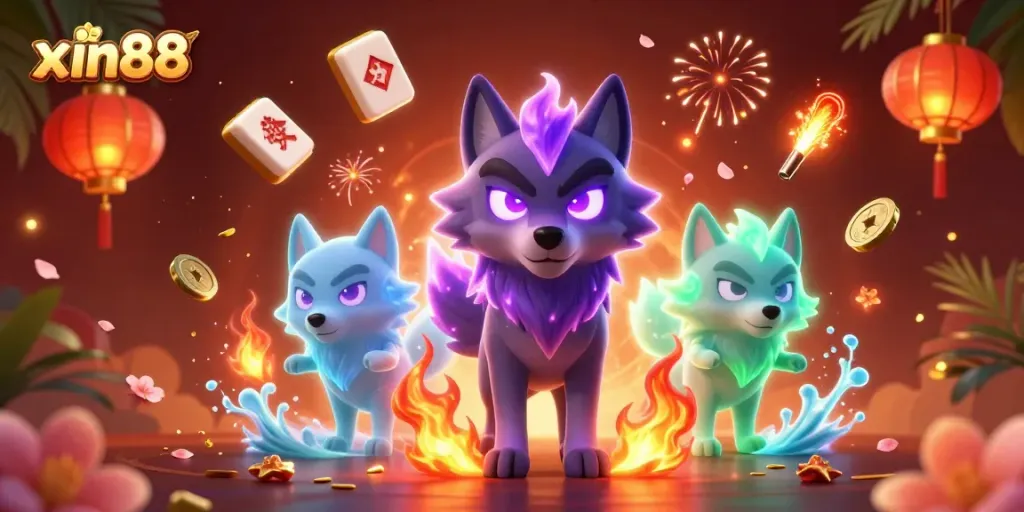 Experience thrilling action at xin88 with vibrant cinematic illustrations of ghostly wolves amidst floating mahjong tiles and Chinese lanterns.