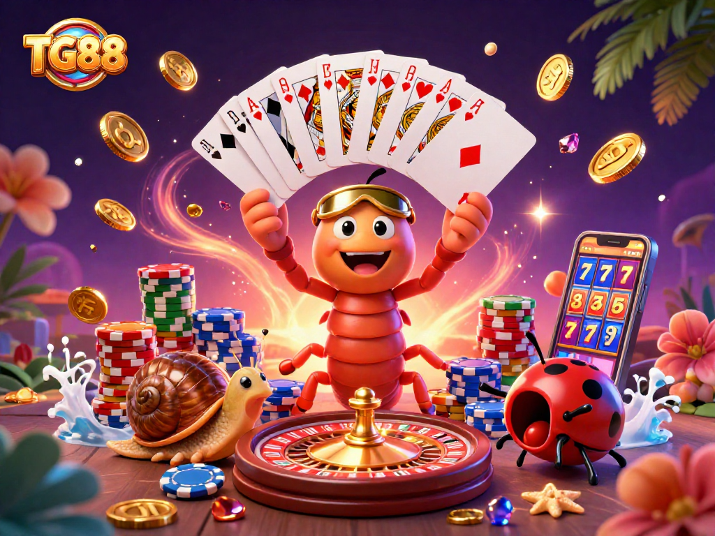 Experience the excitement at TG88 with a vibrant casino scene featuring dynamic characters and game elements.