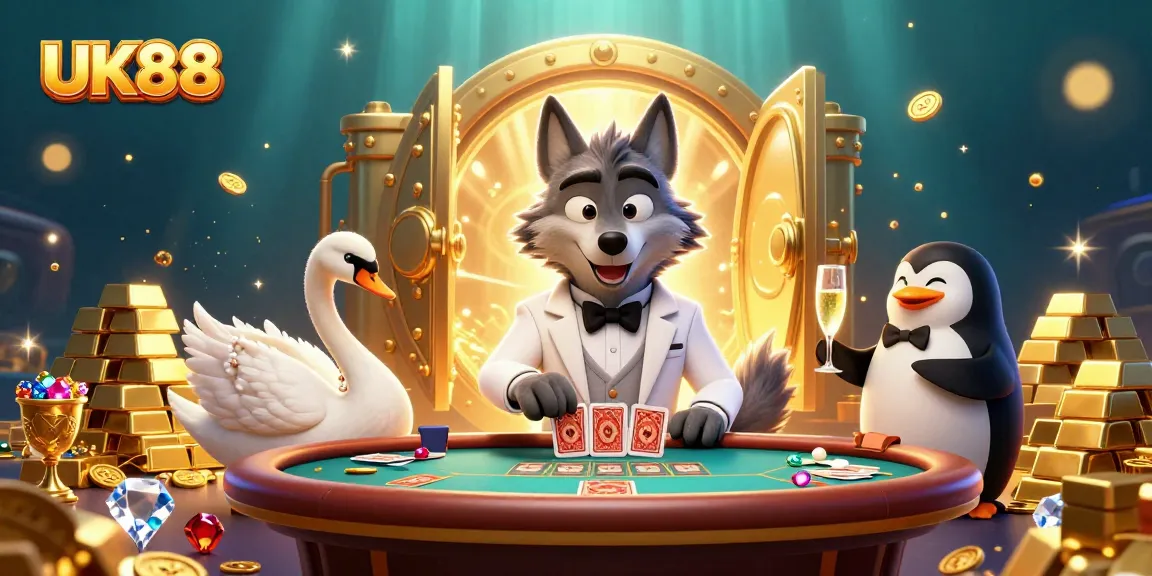 Experience the thrill of UK88 at a captivating baccarat table with vibrant gambling elements.