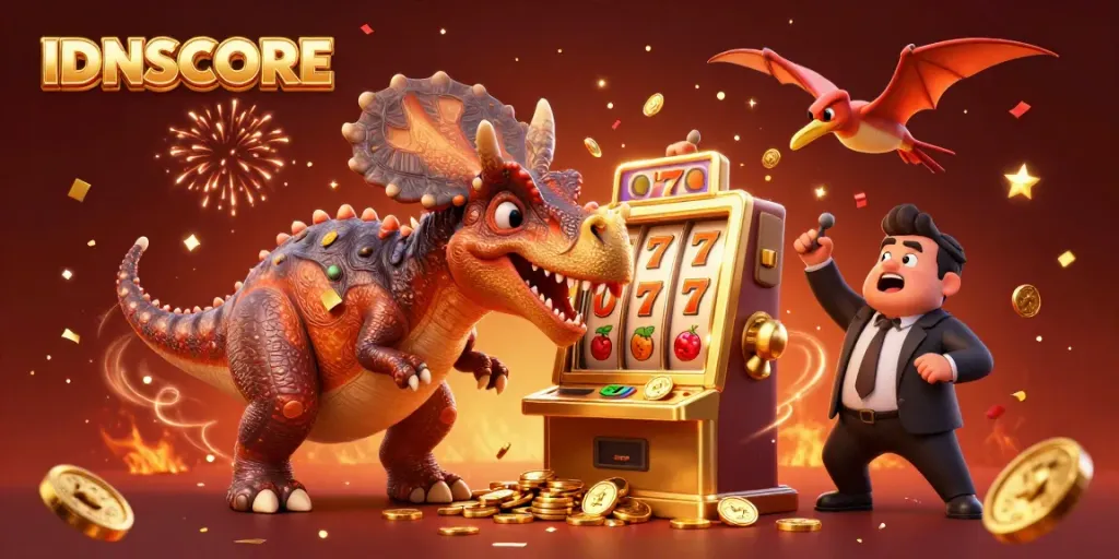 IDNSCORE slot machine scene with a dinosaur hitting for jackpot coins, vibrant casino atmosphere.