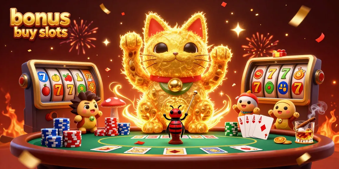 Experience bonus buy slots with excitement as golden fireflies form a lucky cat in this vibrant casino scene.