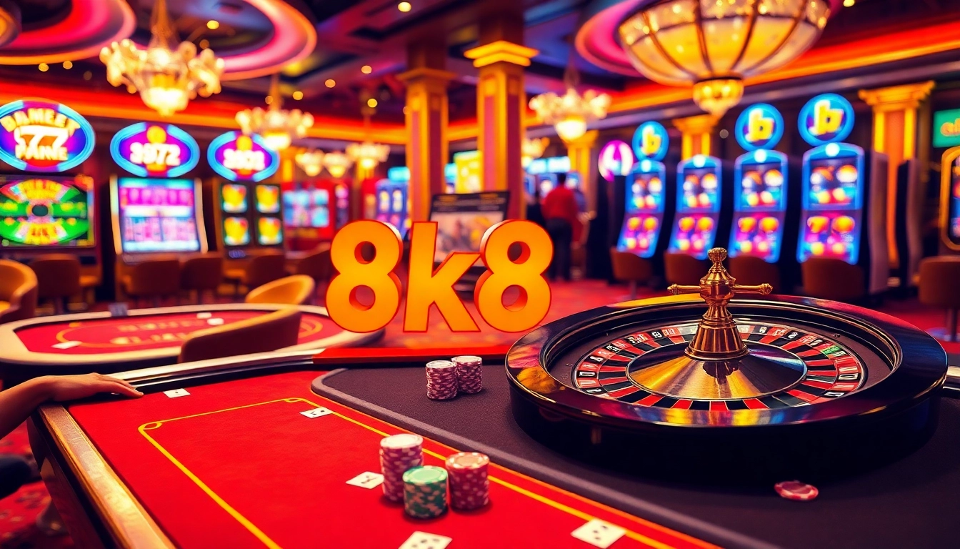 Players enjoying a thrilling gaming experience at 8k8, featuring poker chips and vibrant slot machines.