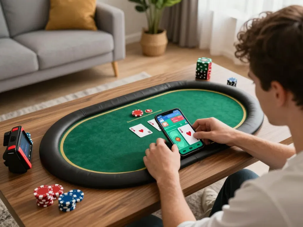 Engaging moment of online poker gameplay on the mk8th app, showcasing player strategy in a cozy setting.