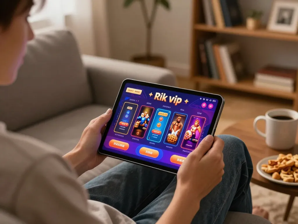 Engaged player enjoying rik vip casino games on tablet in cozy home setting