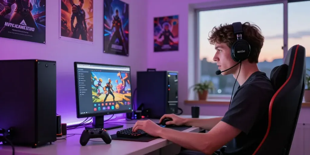 User enjoying gaming experience on Hitclub platform in a stylish home office.