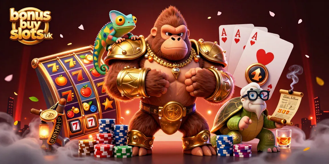 Engage with bonus buy slots UK in a vibrant 3D illustrated scene with interactive casino elements.