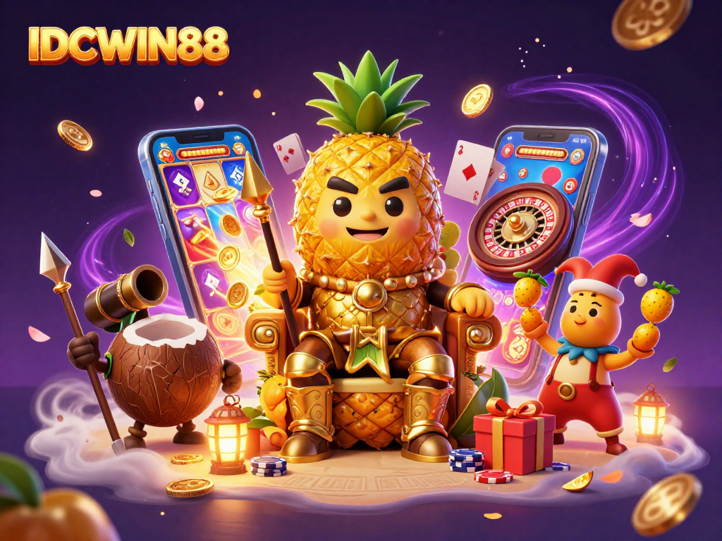 Experience thrilling slots with IDCWIN88 featuring a tropical casino scene packed with gaming action.