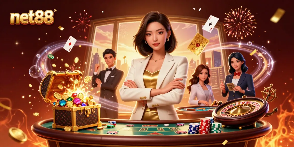 Immerse in net88's dynamic land of casino excitement with a powerful woman wielding cards.