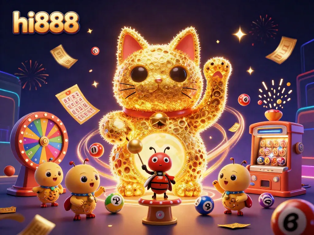 Experience excitement with hi888 in a vibrant 3D casino scene filled with games and dynamic elements.